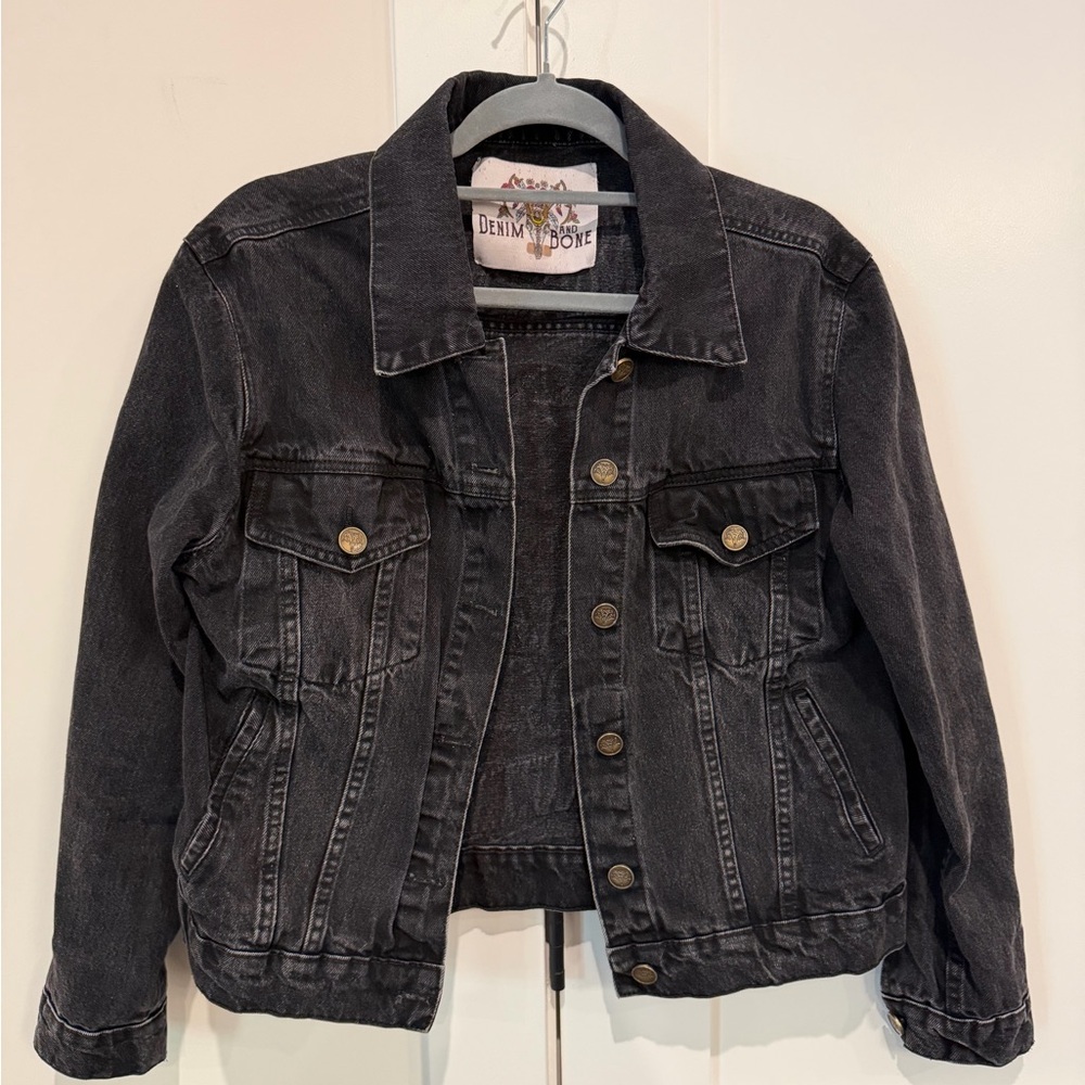 DENIM & BONE Wild and Free Black Denim Jacket Oversized Sz Small Free People - Picture 16 of 16